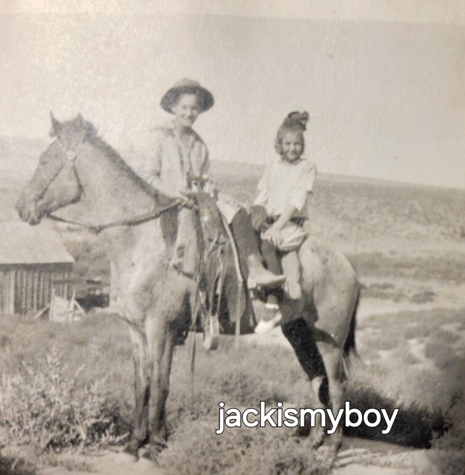 Vintage 1930s Boy & Girl Horseback Old West Cowboy Photo Snapshot Estate Find 