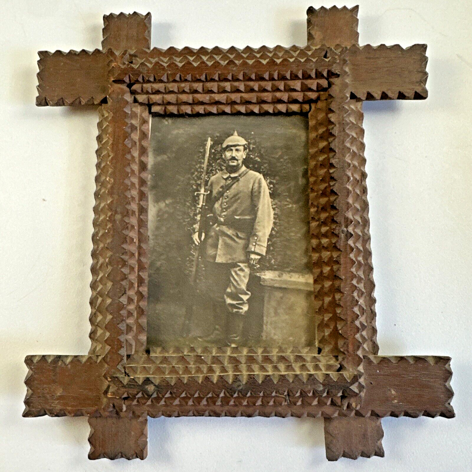 Antique Handmade Wood Frame Orig. Photo WWI German Cavalry Soldier Pickelhaube