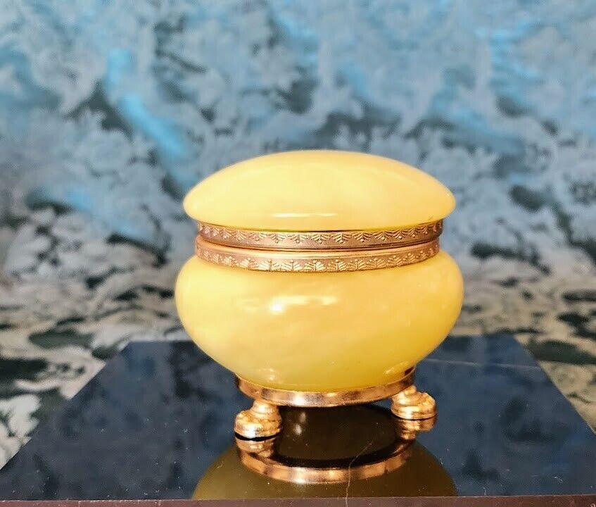 French Green OnyxHand Carved Gold Gilded  1930's Tri-Footed Keepsake Hinged Lid
