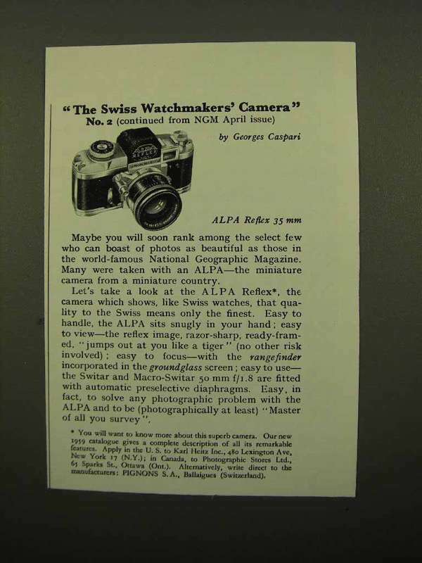 1959 Alpa Reflex Camera Ad - Swiss Watchmakers Camera