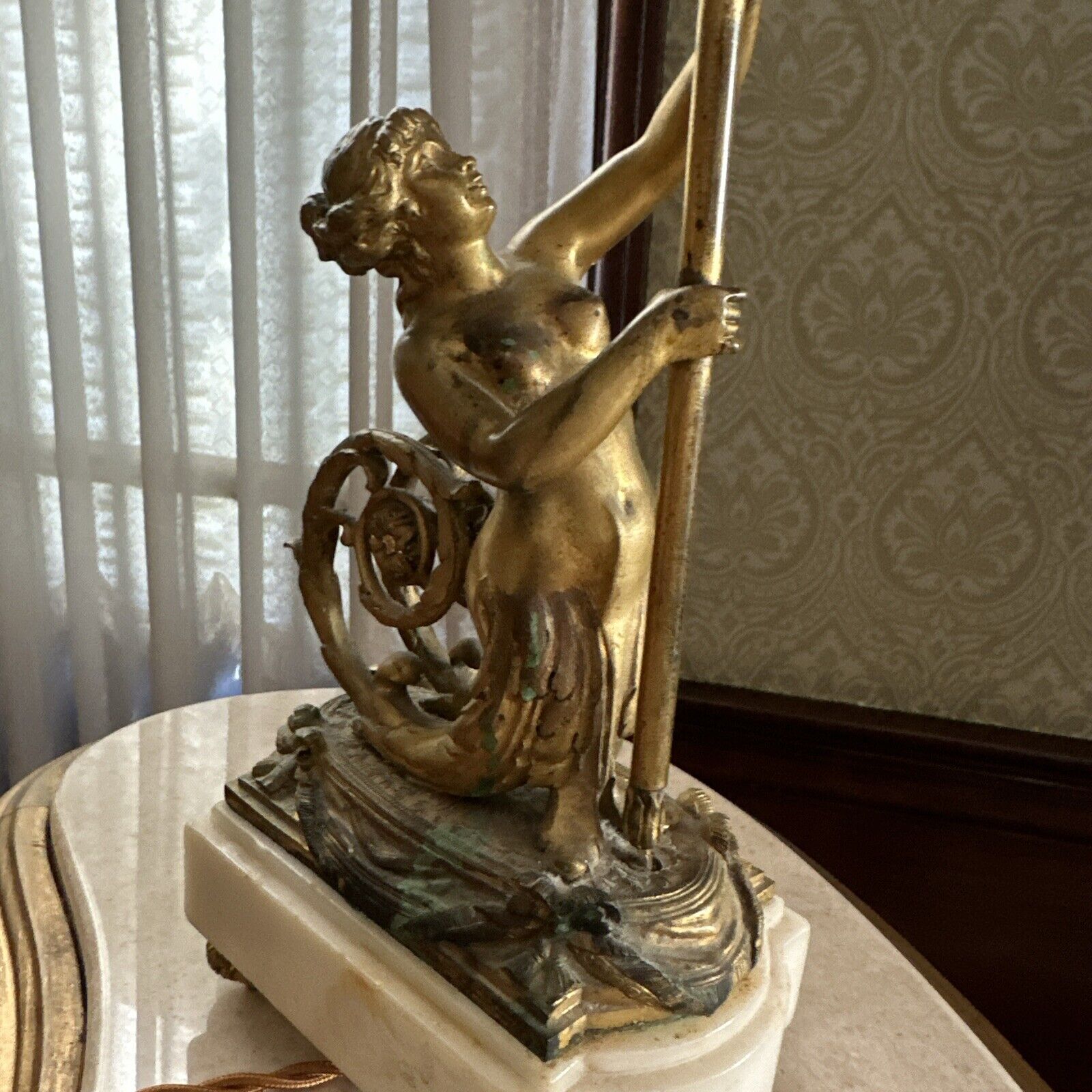 Antique Gilded Bronze Mermaid Lamp , French Empire Hollywood  Regency Style
