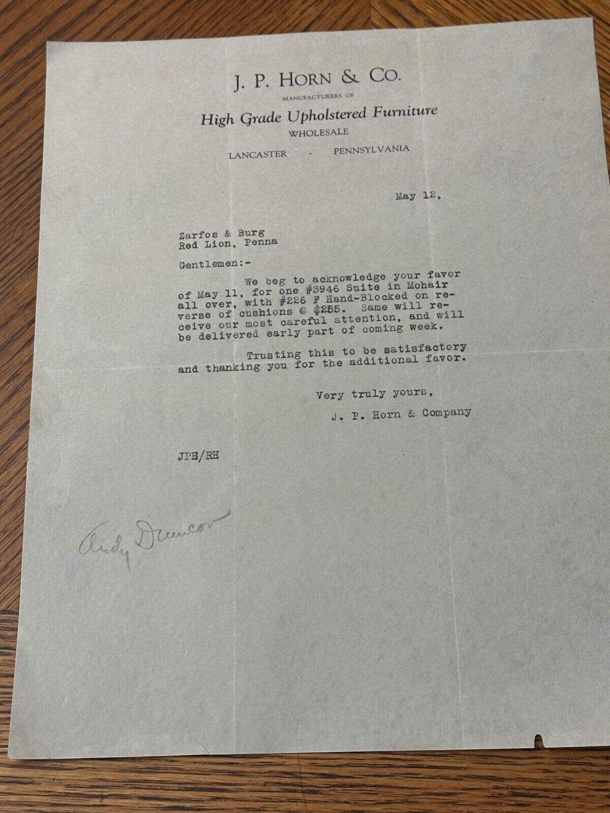 J.P. Horn Furniture Letter to Zarfos & Burg Red Lion Lancaster PA 1920s 