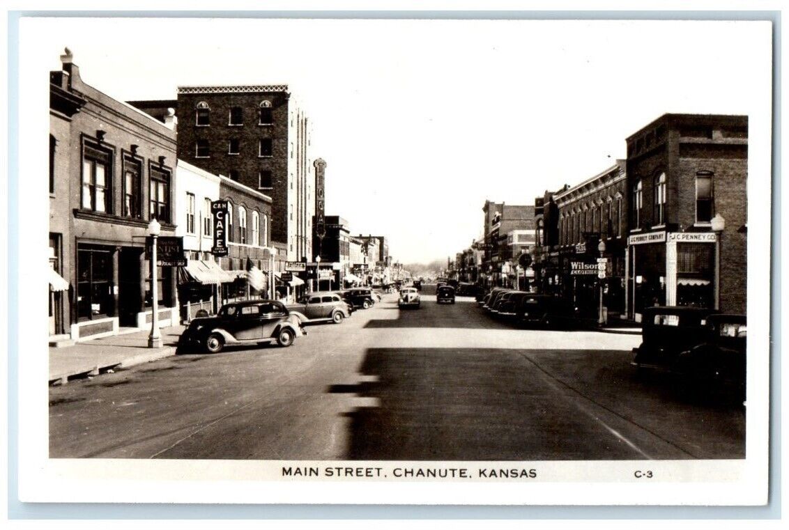 c1950's Main Street Cafe JC Penny Dentist View Chanute KS RPPC Photo Postcard