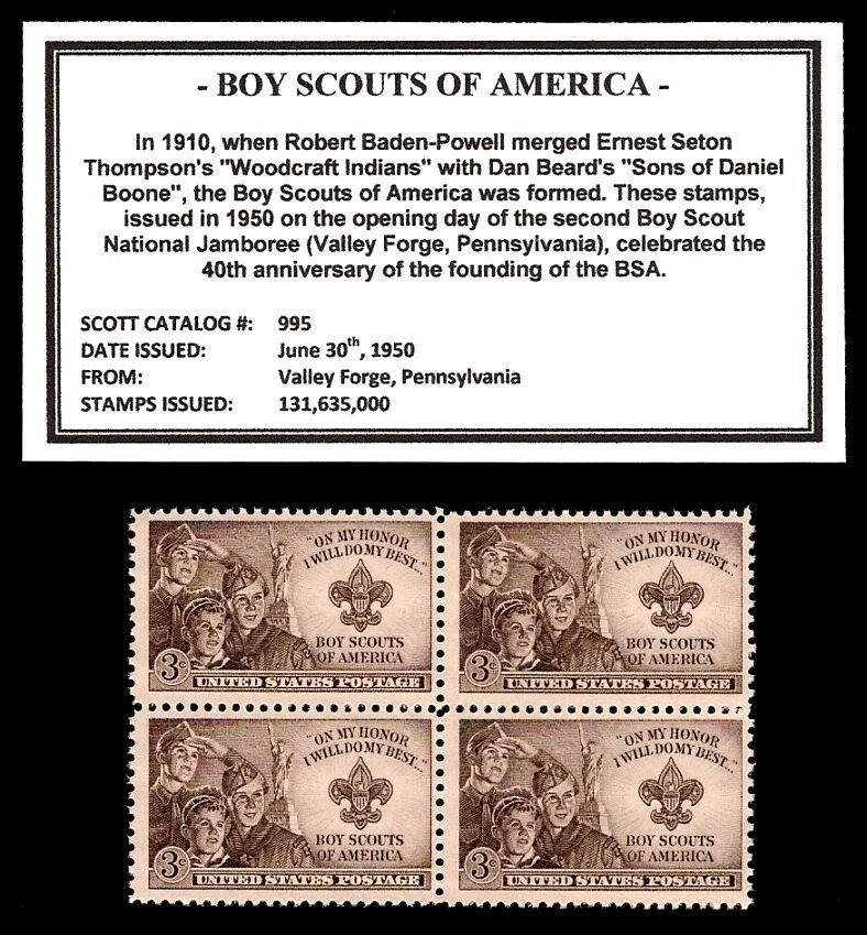1950- BOY SCOUTS OF AMERICA (BSA) -  Block of four Vintage U.S. Postage Stamps