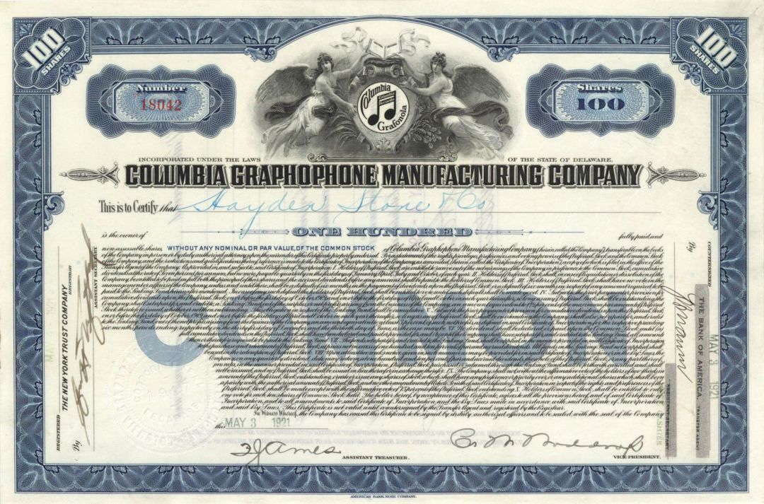 Columbia Graphophone Manufacturing Co. (Uncanceled) - Stock Certificate - Entert
