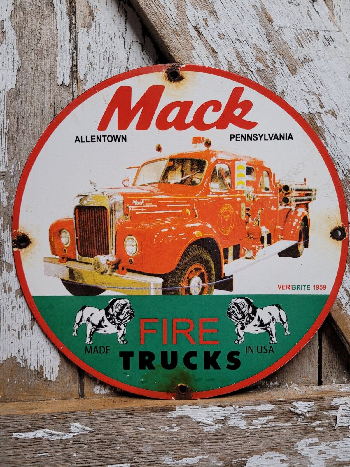 VINTAGE 1959 MACK PORCELAIN SIGN OLD FIRE TRUCK VERIBRITE ALLENTOWN PENNSYLVANIA
