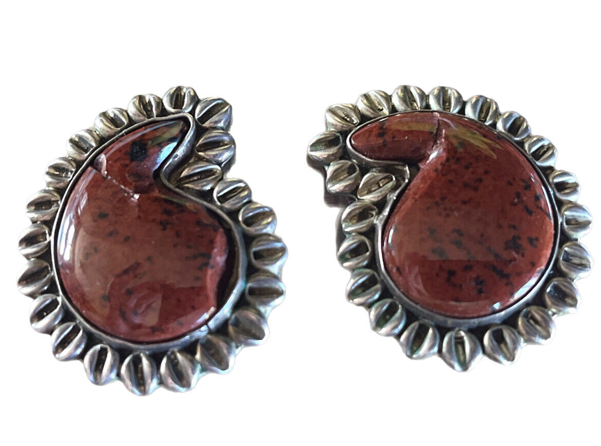 Vintage Clip On Earrings Taxco 925 Sterling Silver Solid Red Jasper TP-129 Flaws
