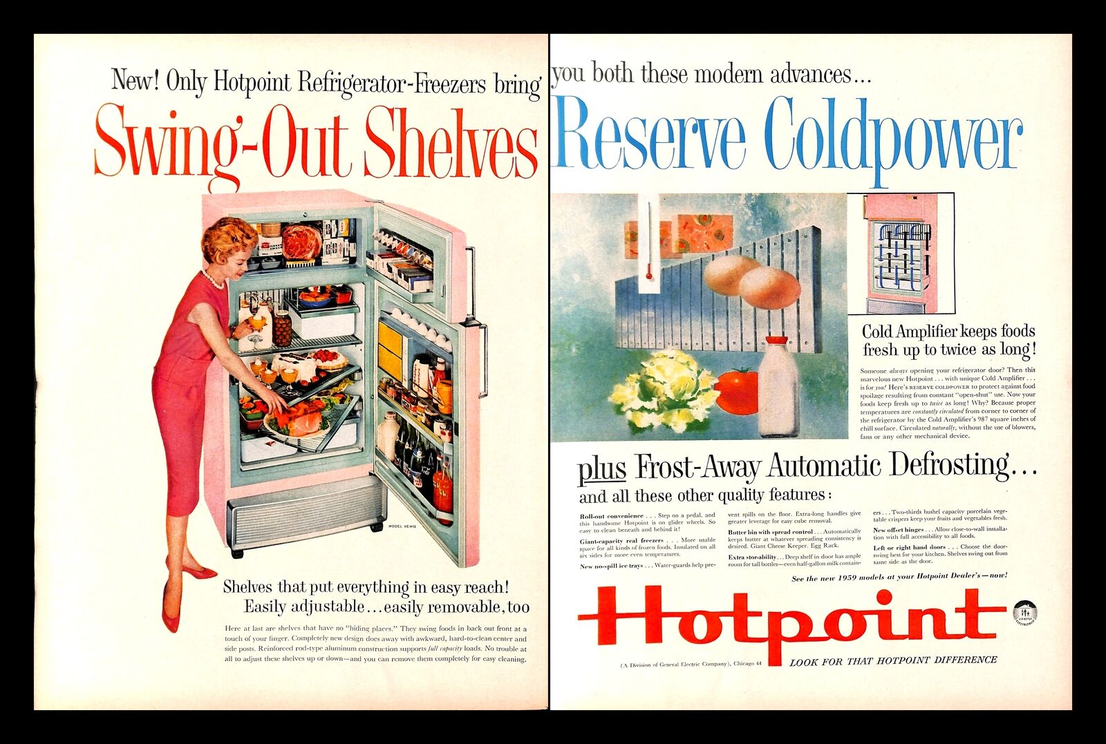 1959 Hotpoint Refrigerator Freezers Model 9EW12 Vintage PRINT AD Swing Shelves