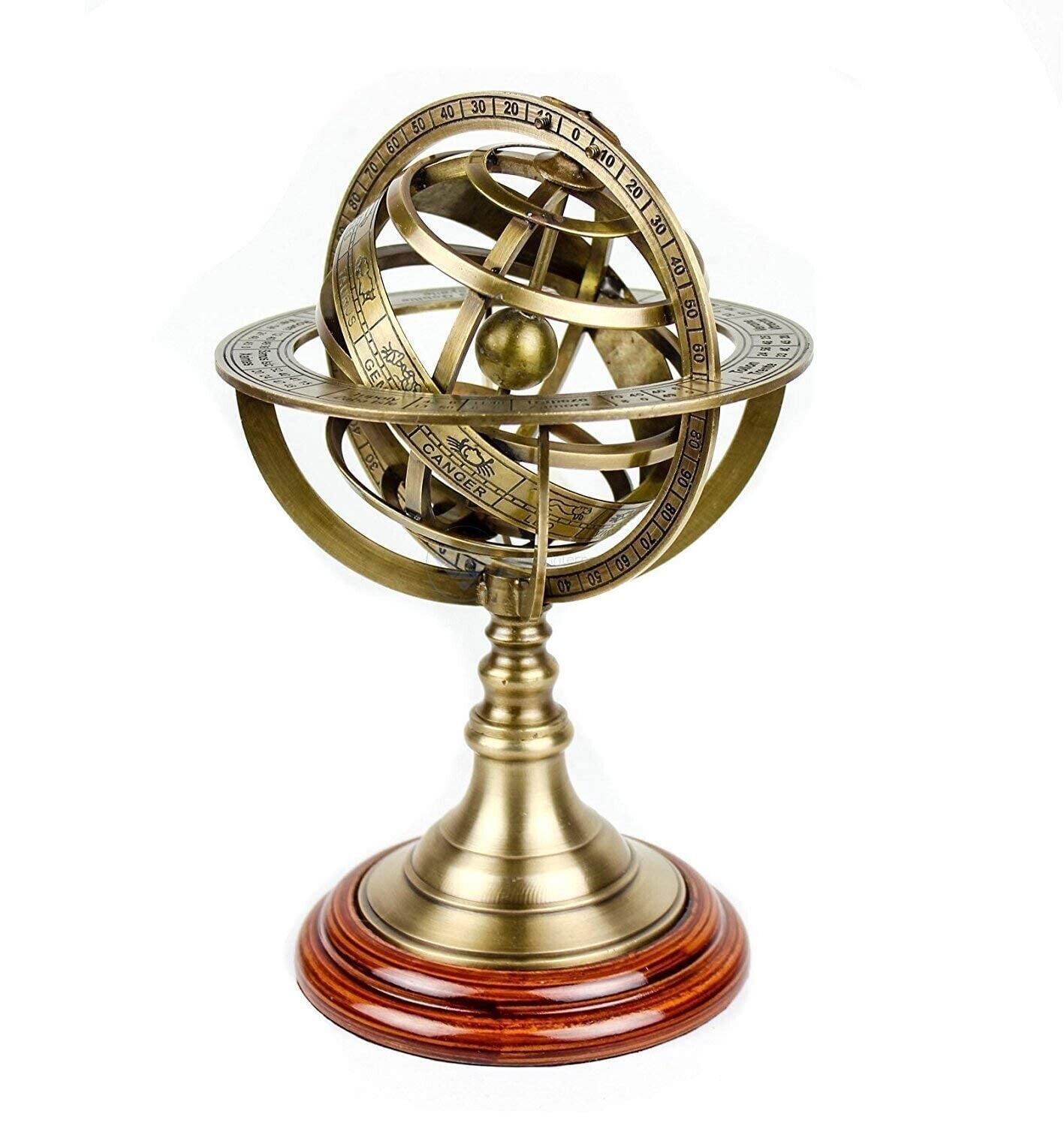 9 Inch Brass Royal Armillary Sphere Antique World Globe Wooden Base Table top