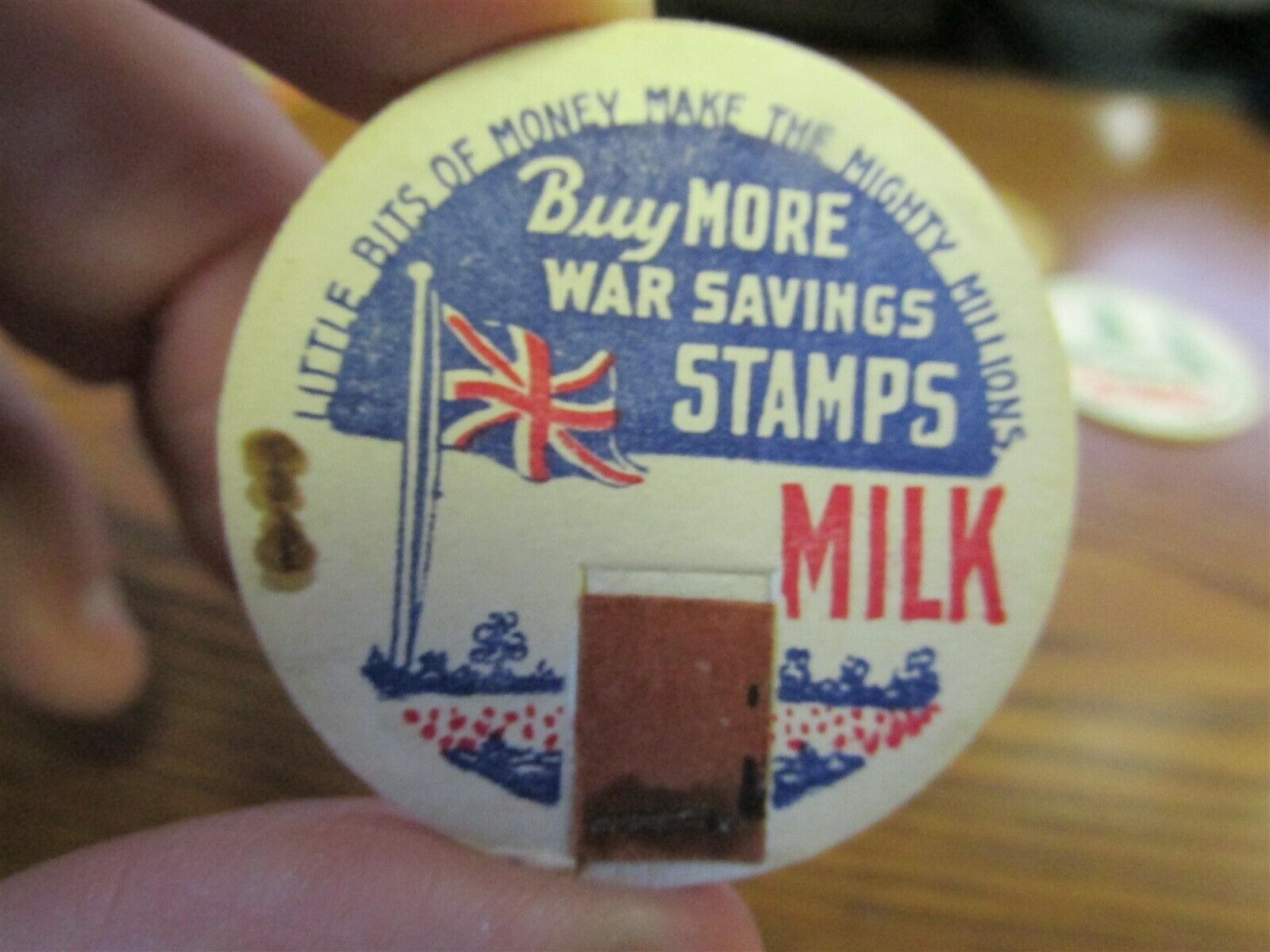 War Slogan Milk Bottle Cap ENGLAND Buy More War Savings Stamps dairy cap