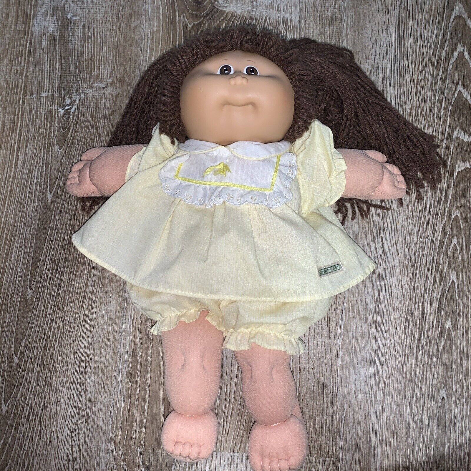 Cabbage Patch Kids Doll 1982 Yellow Baby Doll Dress Brown Hair Eyes NO SHOES ‘93