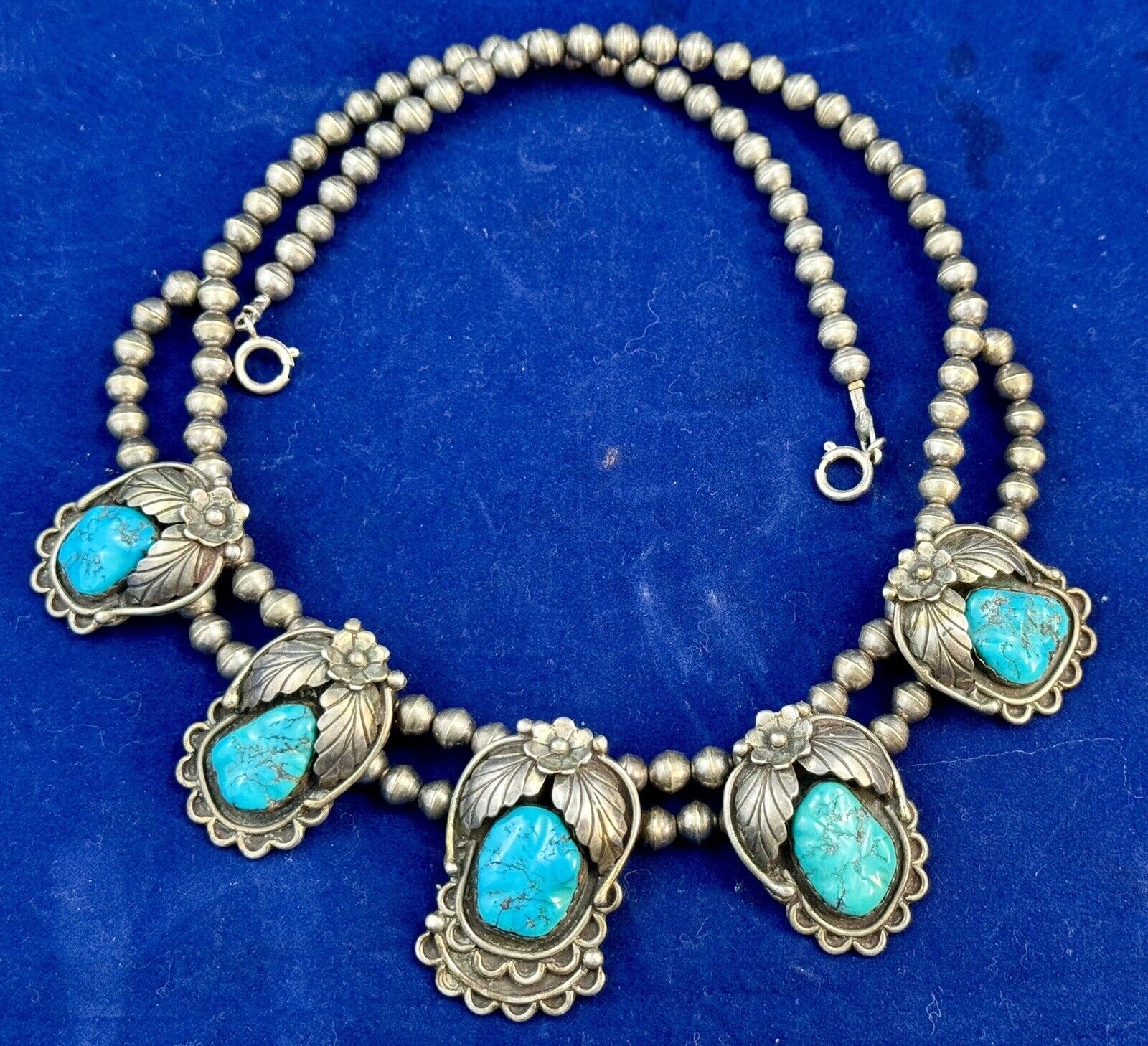 Vintage Squash Blossom Navajo Pearls Silver Auth Turquoise Necklace Signed FG