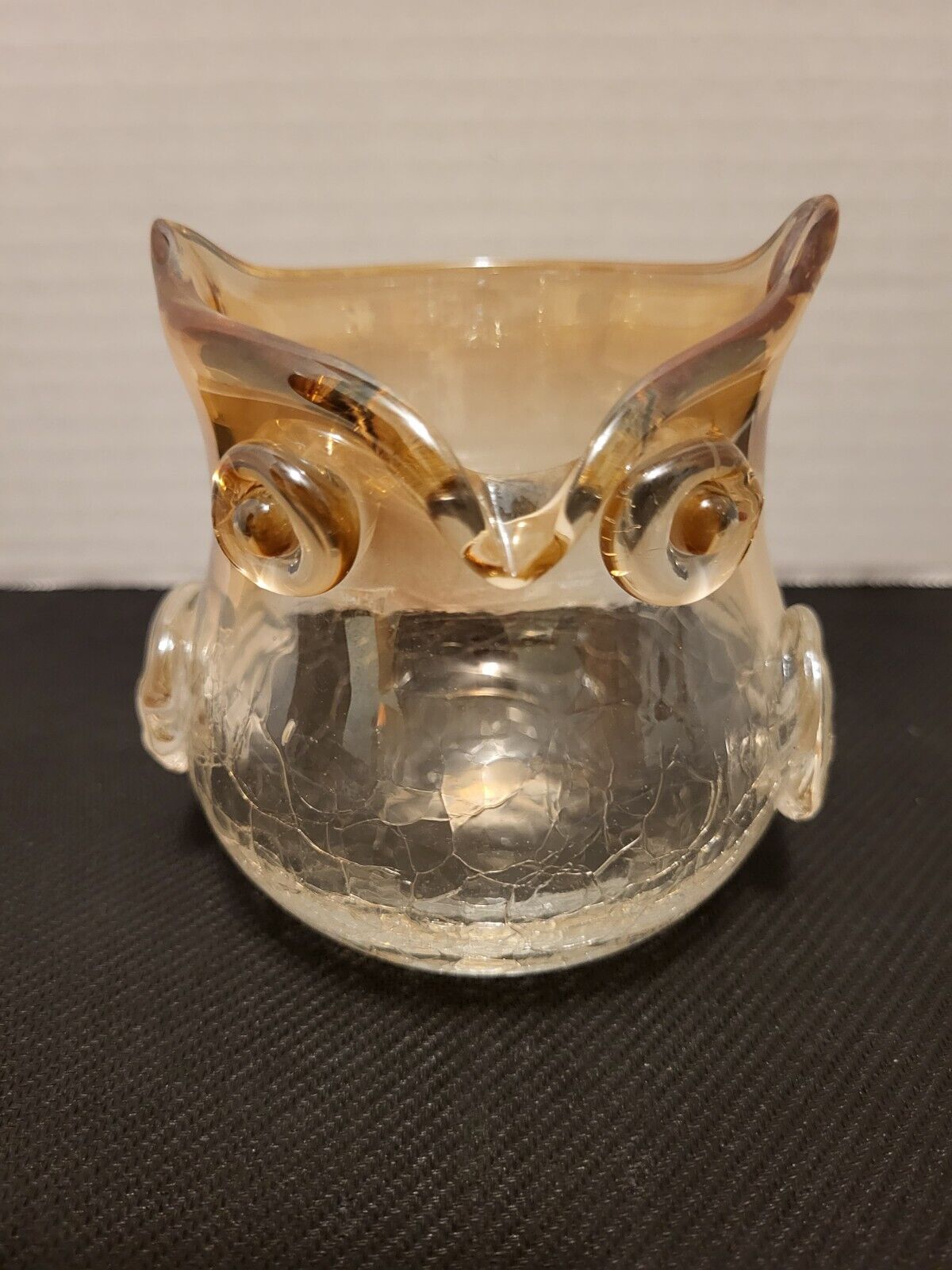Amber Fade Blown Crackle Glass Owl Candle Holder