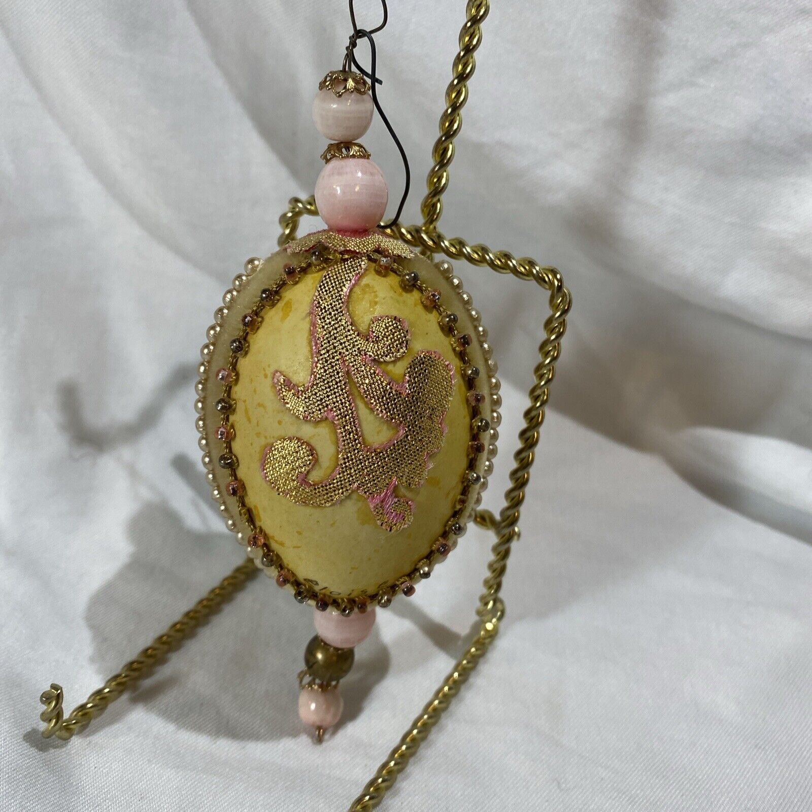 Highly Decorated Handmade Gold & Pink Signed  Egg Shaped Ornament