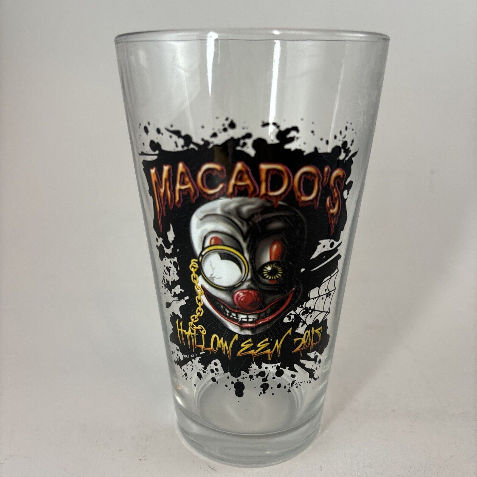 2015 Macado’s HALLOWEEN Crazy clown cobwebs, monocle Pint Beer Glass
