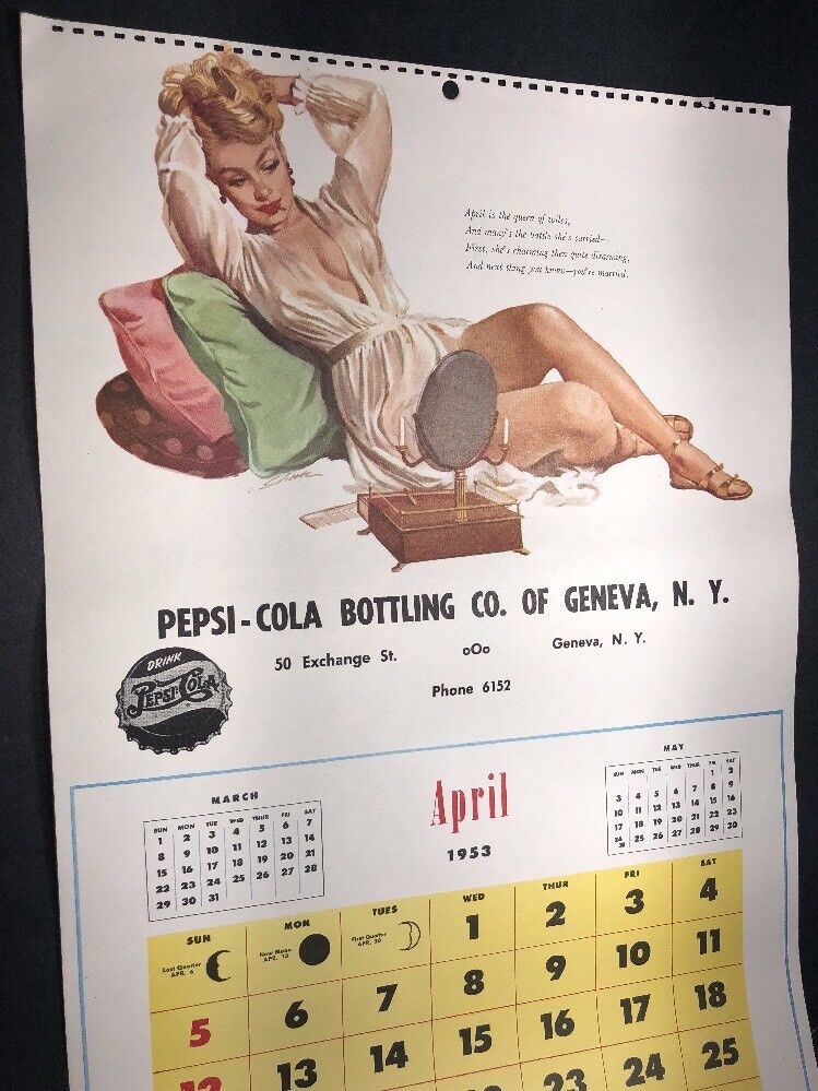 Original 1953 Pin Up Art Pepsi Cola Soda Pop Calendar Sign Girl Geneva New York
