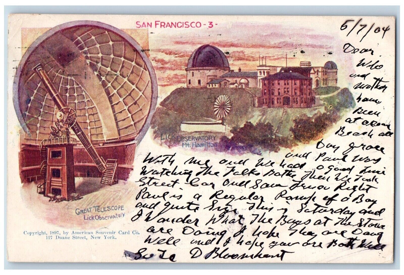 San Francisco California Postcard Great Telescope Exterior 1904 Vintage Antique