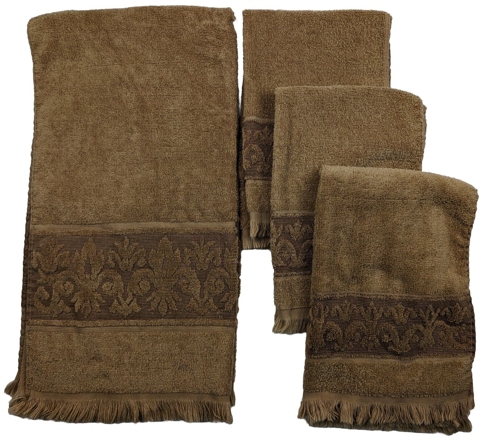 Vintage Sears Matchmate Brown Towel Lot BATH + 3 HAND Sculptured Edge Fringe USA