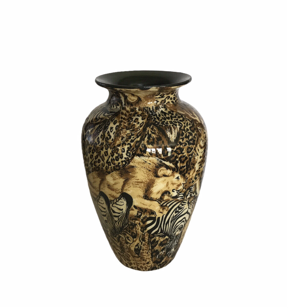 LA VIE Jungle Safari Vase African Wild Animals Patchwork Print Glazed Brown Gold
