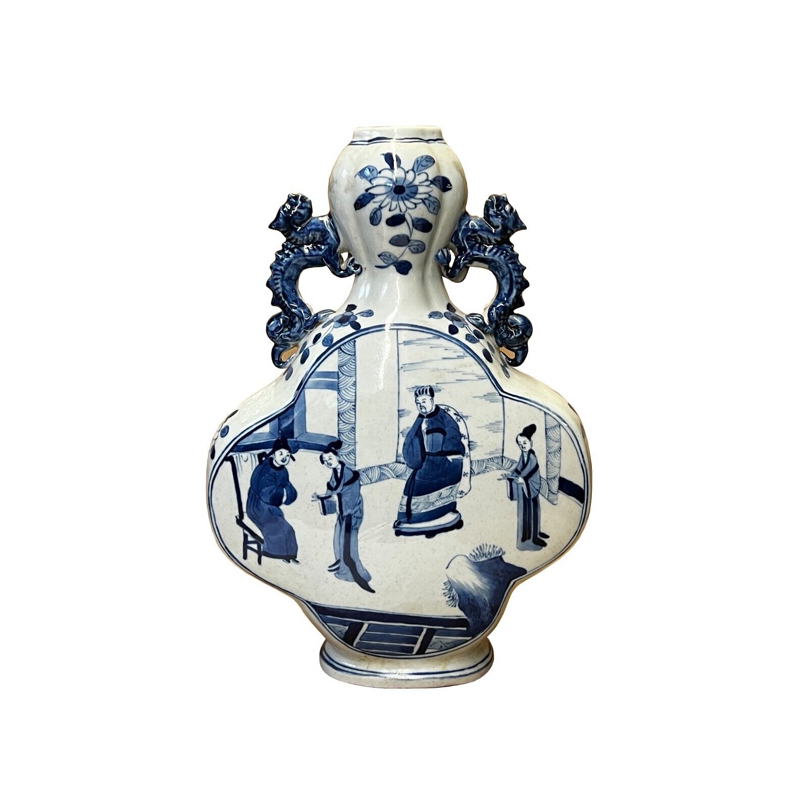 Chinese Blue White Porcelain People Theme Flower Shape Vase ws2863