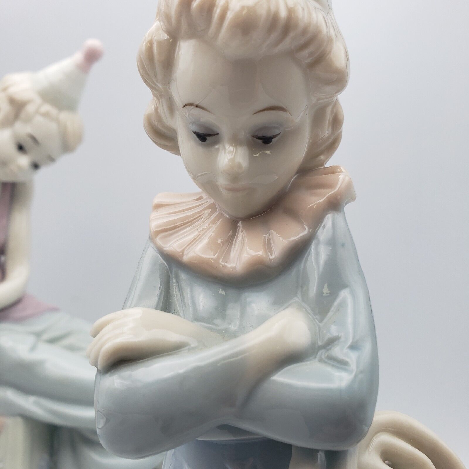 2 Porcelain Clown Figurines W/ French Horn & Clarinet Vtg Moody Girls Stunning