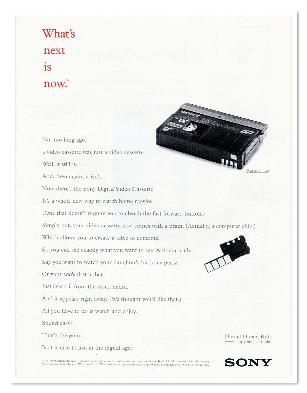 Sony Electronics Digital Video Cassette Vintage 1997 Full-Page Print Magazine Ad