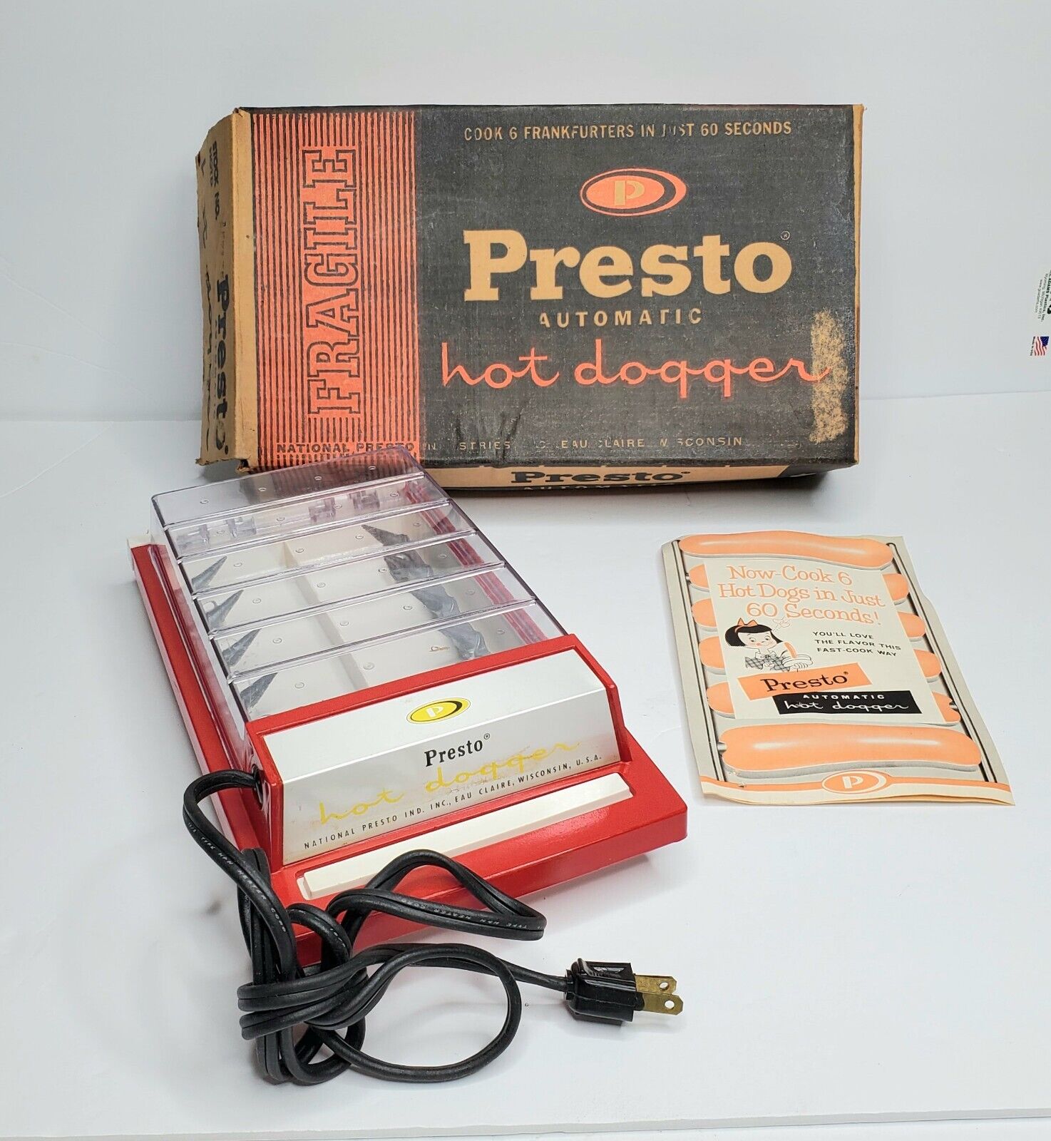 Vintage Presto Hot Dogger Electric Hot Dog Cooker Red / White Tested Works