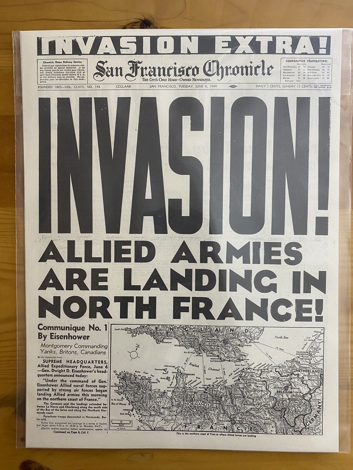 VINTAGE NEWSPAPER HEADLINE~WORLD WAR 2 FRANCE ARMY D-DAY INVASION WWII 1944