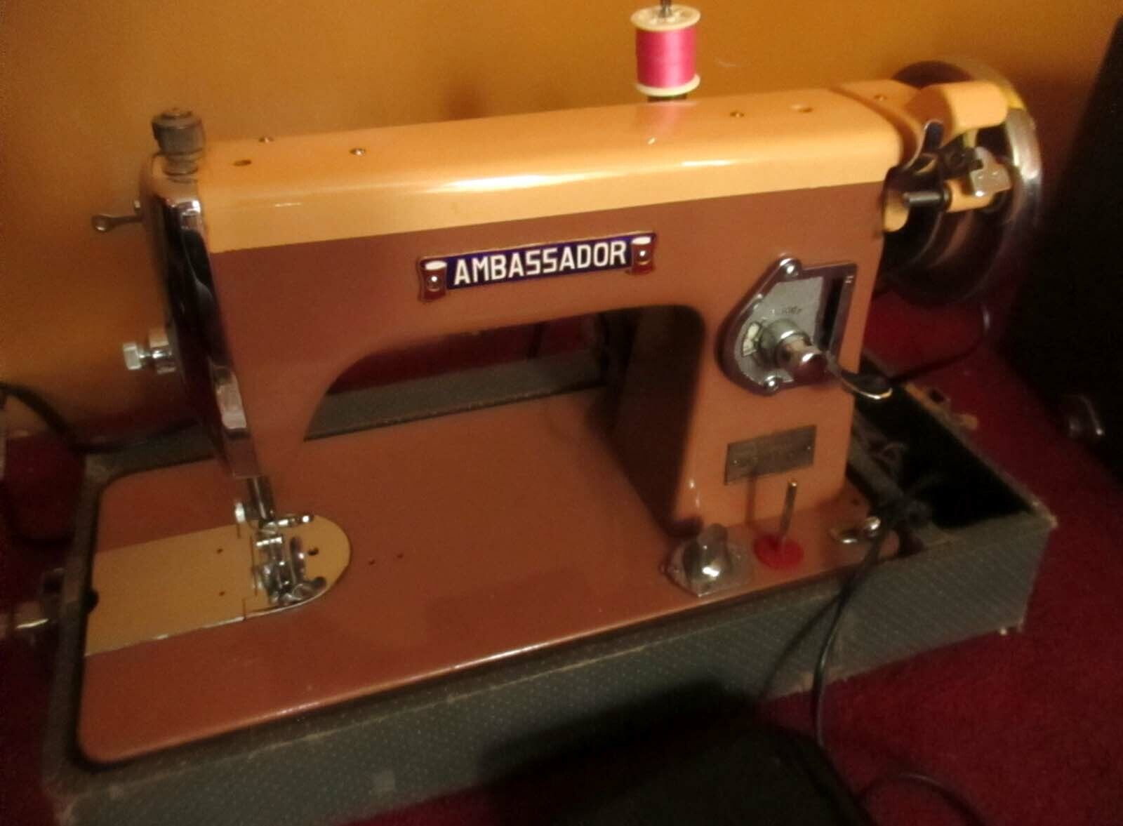 Vtg 1950s Ambassador 15A - 301 Sewing Machine ~ Salmon PINK ~ w/Case Manual