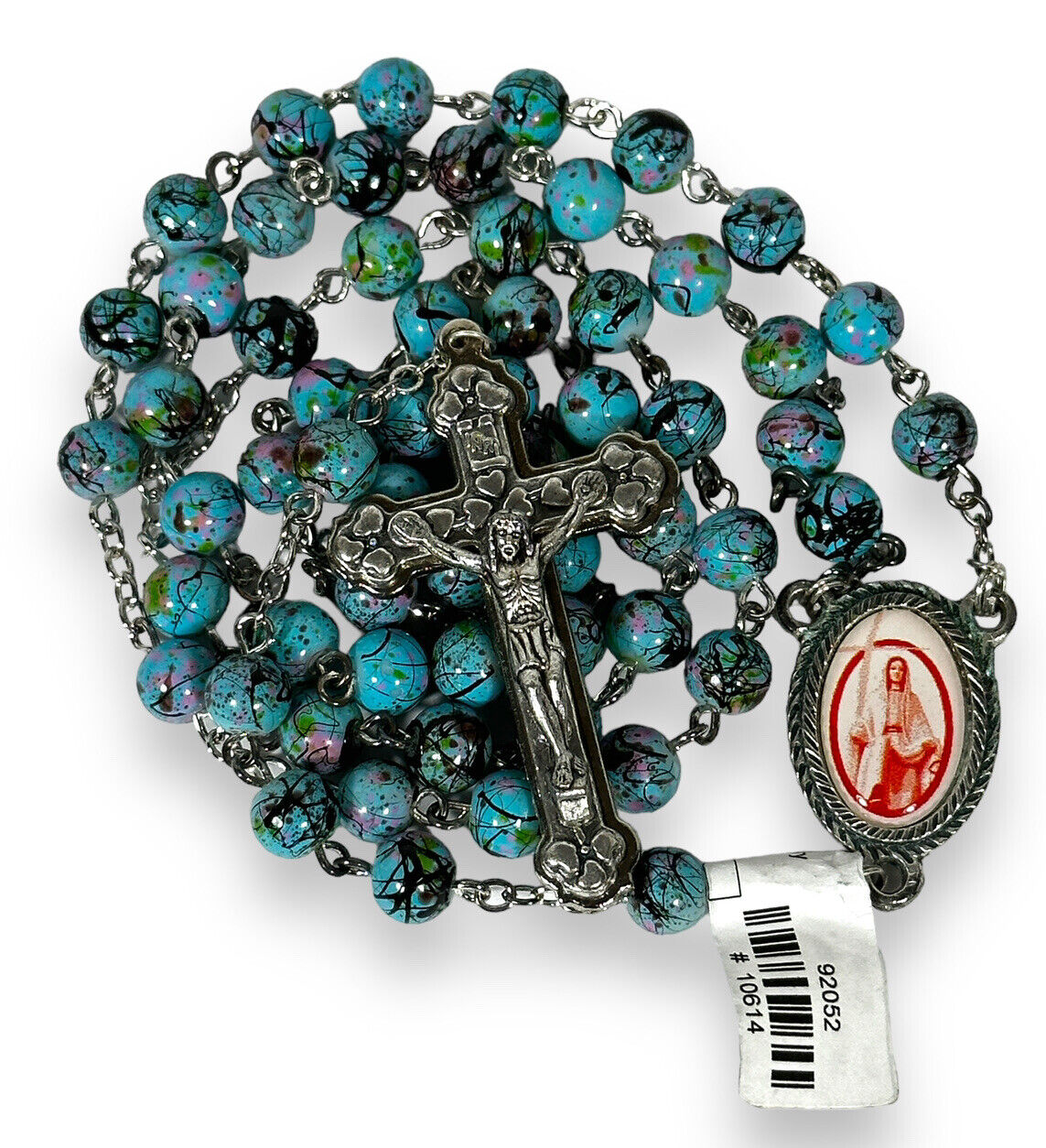 Our Lady of Martyrs Blue Rosary Splatter Glass Beads with Tag, Catholic 5 Decade