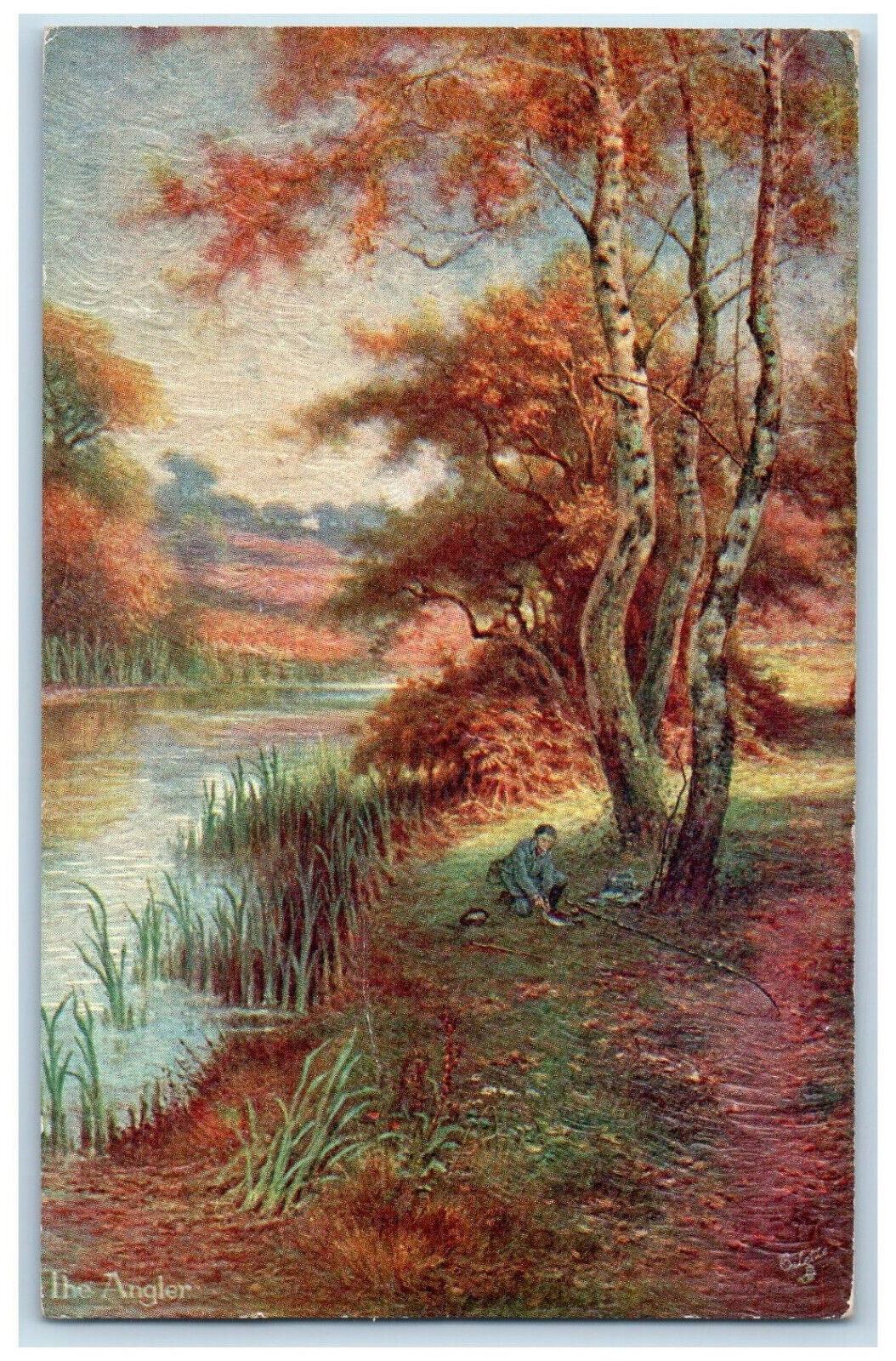c1910 The Angler Happy England Fishing Antique Oilette Tuck Art Postcard