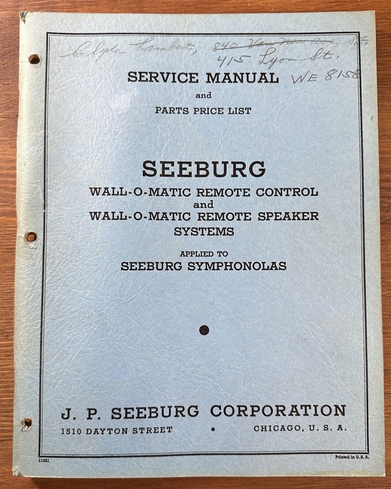 Vintage 1930s Original Seeburg Manual Parts List Wall-O-Matic Remote Speakers