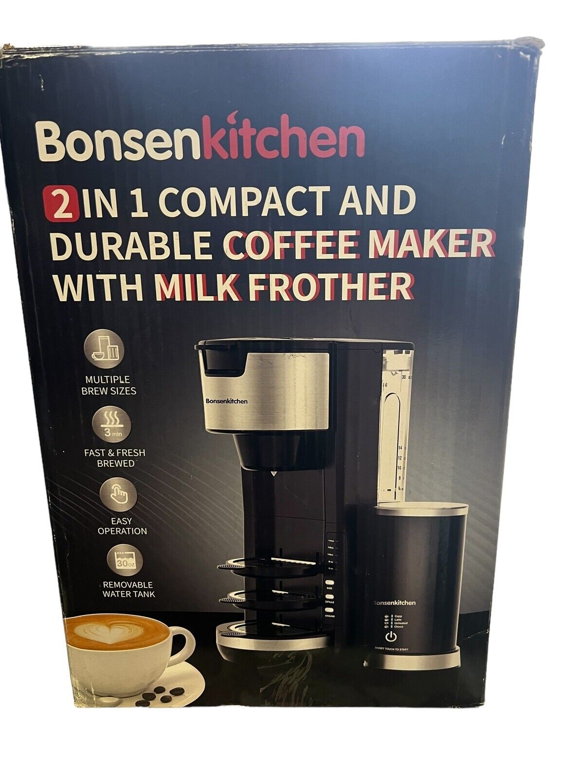 Bonsenkitchen 2 In 1 Compact and Durable Coffeemaker w/Milk Frother