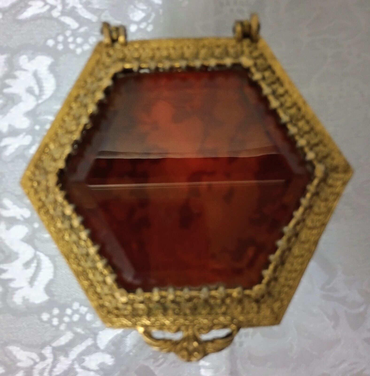 Vintage gold ormolu jewelry/Trinket box Hexagon Shape