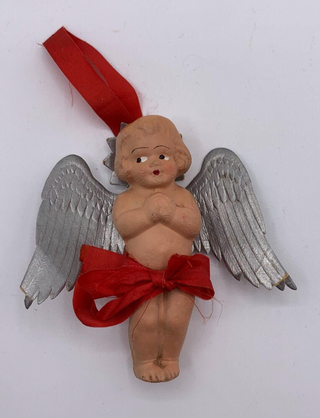 Estate Antique 1930s Composition Angel Doll Red Ribbon Silver Wings Rare ~READ~