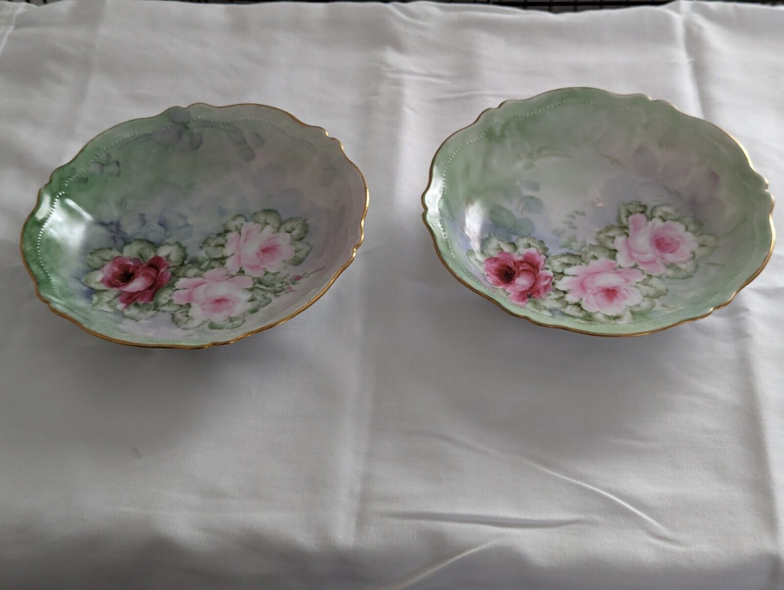 2- O&EG Hand Painted ROYAL AUSTRIA Gold Trimmed Pastel Green/Pink Dishes-