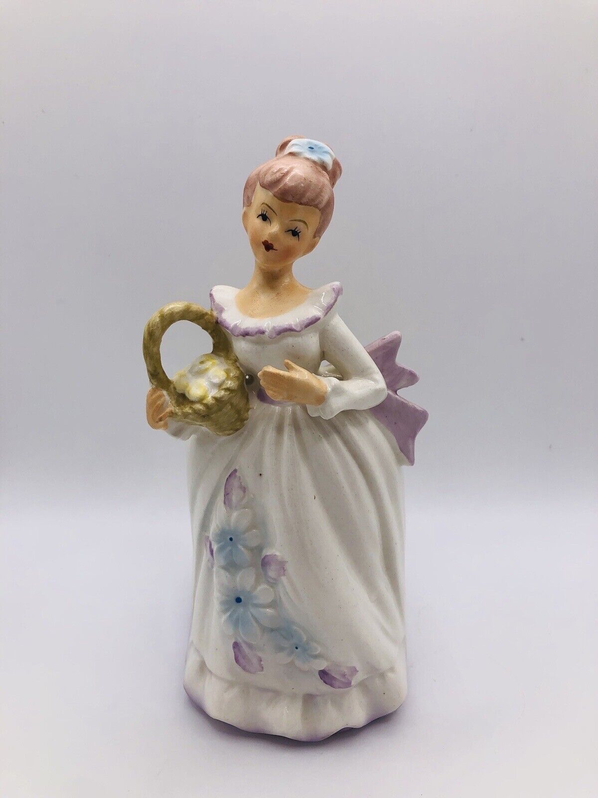Vintage 1950’s Napco Ceramic Planter Girl in Purple Dress With Flowers #8046