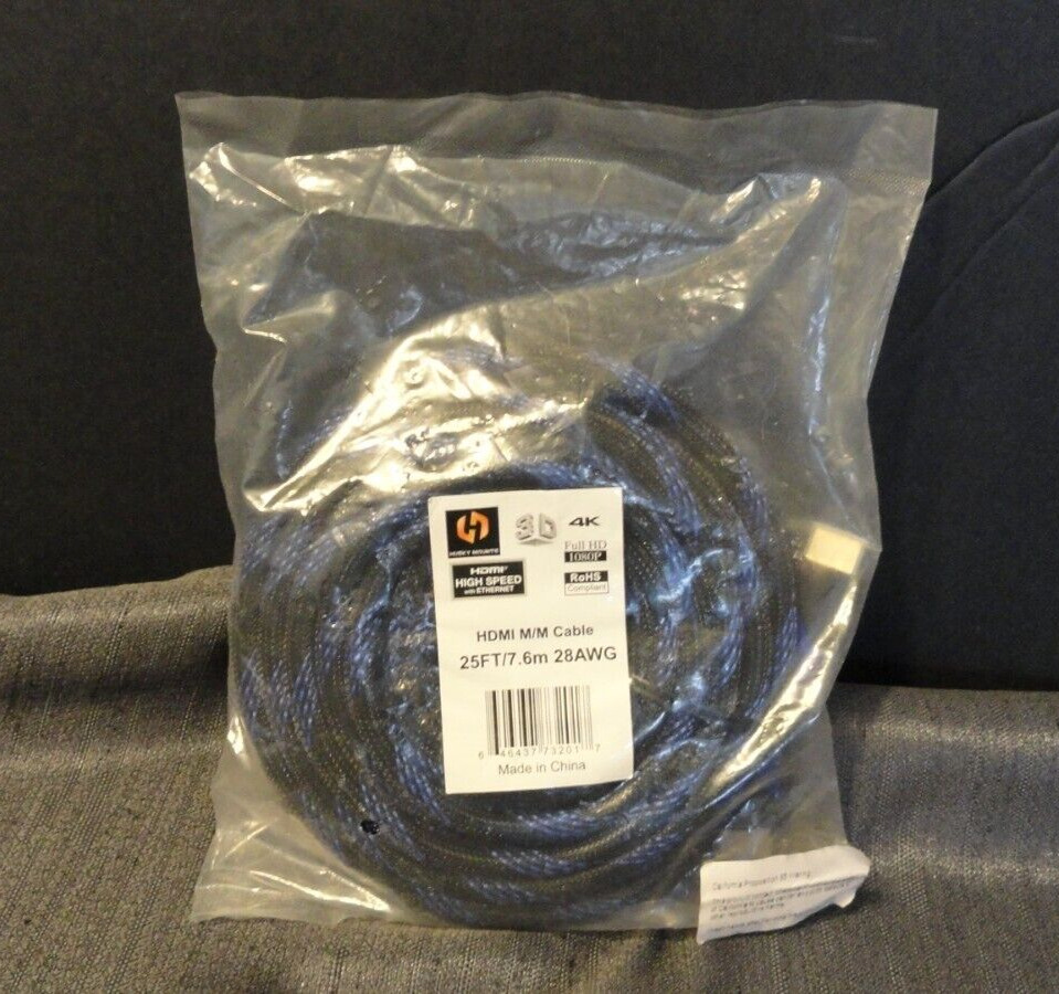 HUSKY MOUNTS FULL HD HIGH SPEED 25 FT 7.6m  BLUE BLACK HDMI M/M CABLE 28 AWG 4K