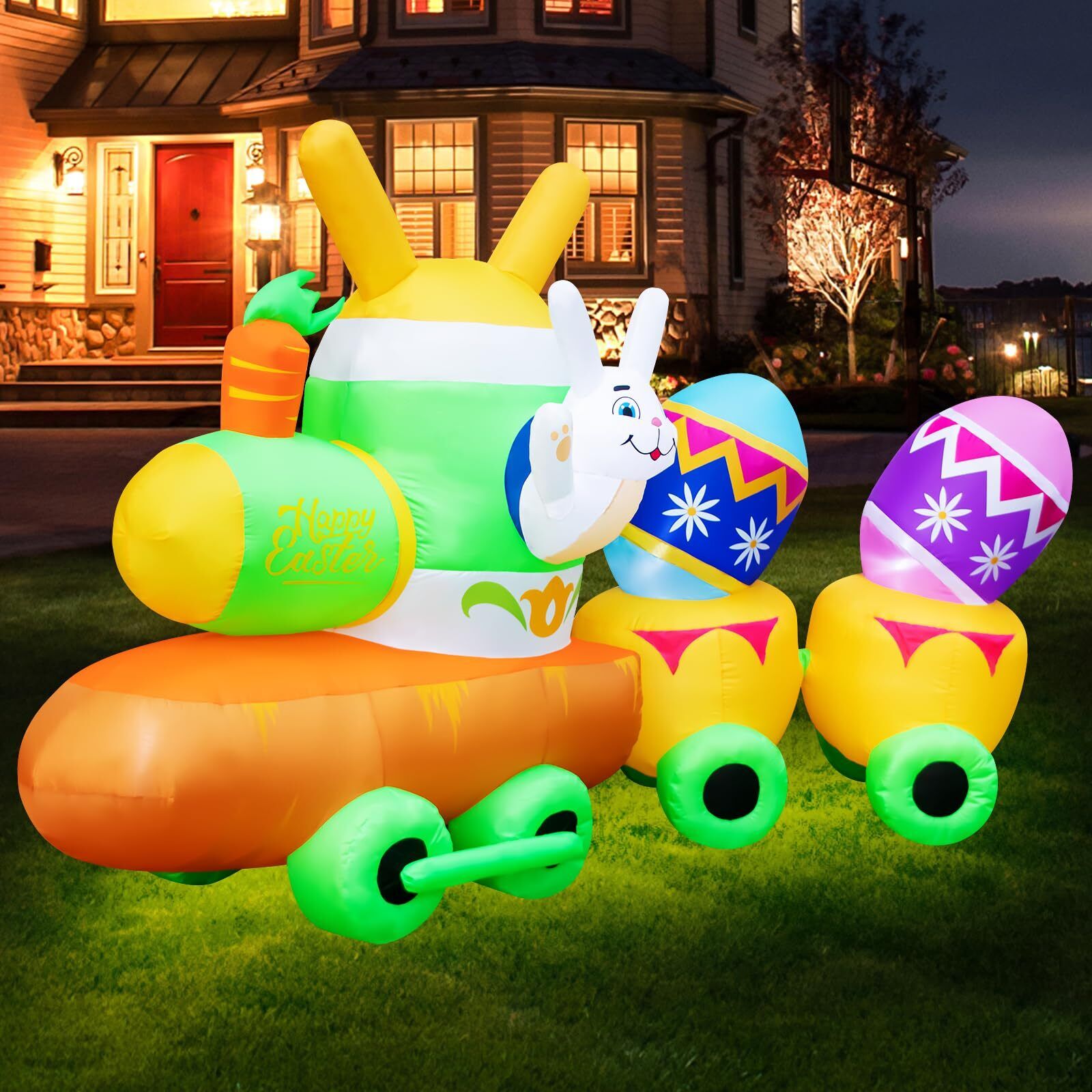 9FT Easter Inflatables Decoration Bunny with Eggs Train LED Lights, Blow Up C...