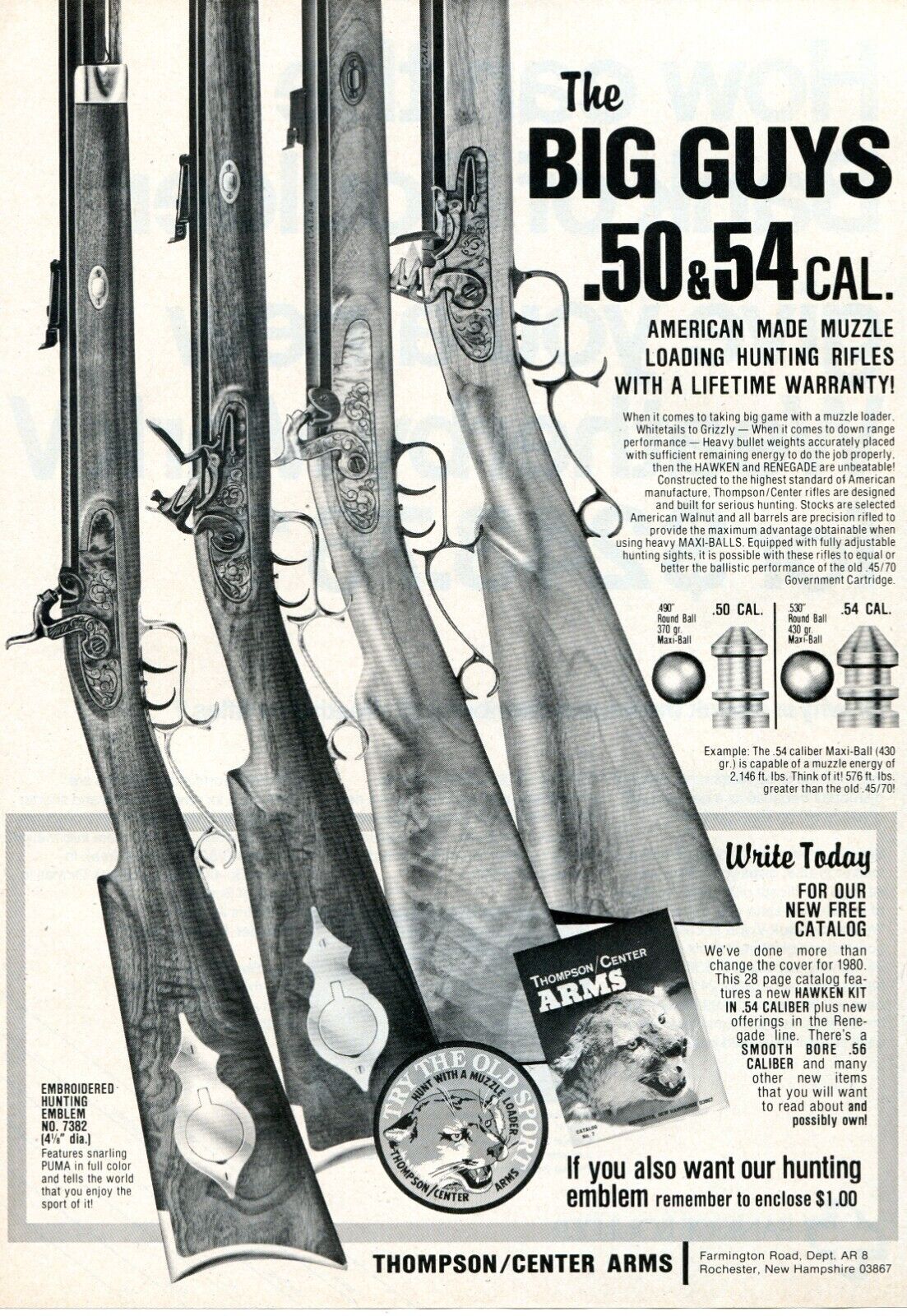 1980 Print Ad of Thompson Center Arms Hawken Renegade Muzzle Loading Rifle