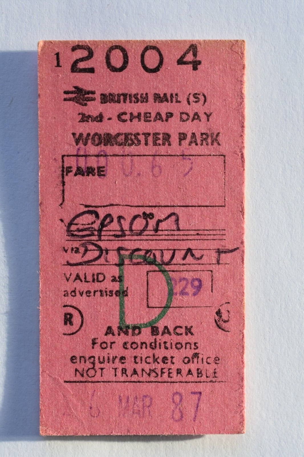 Railway Ticket Worcester Park to Epson 2nd class BR #2004