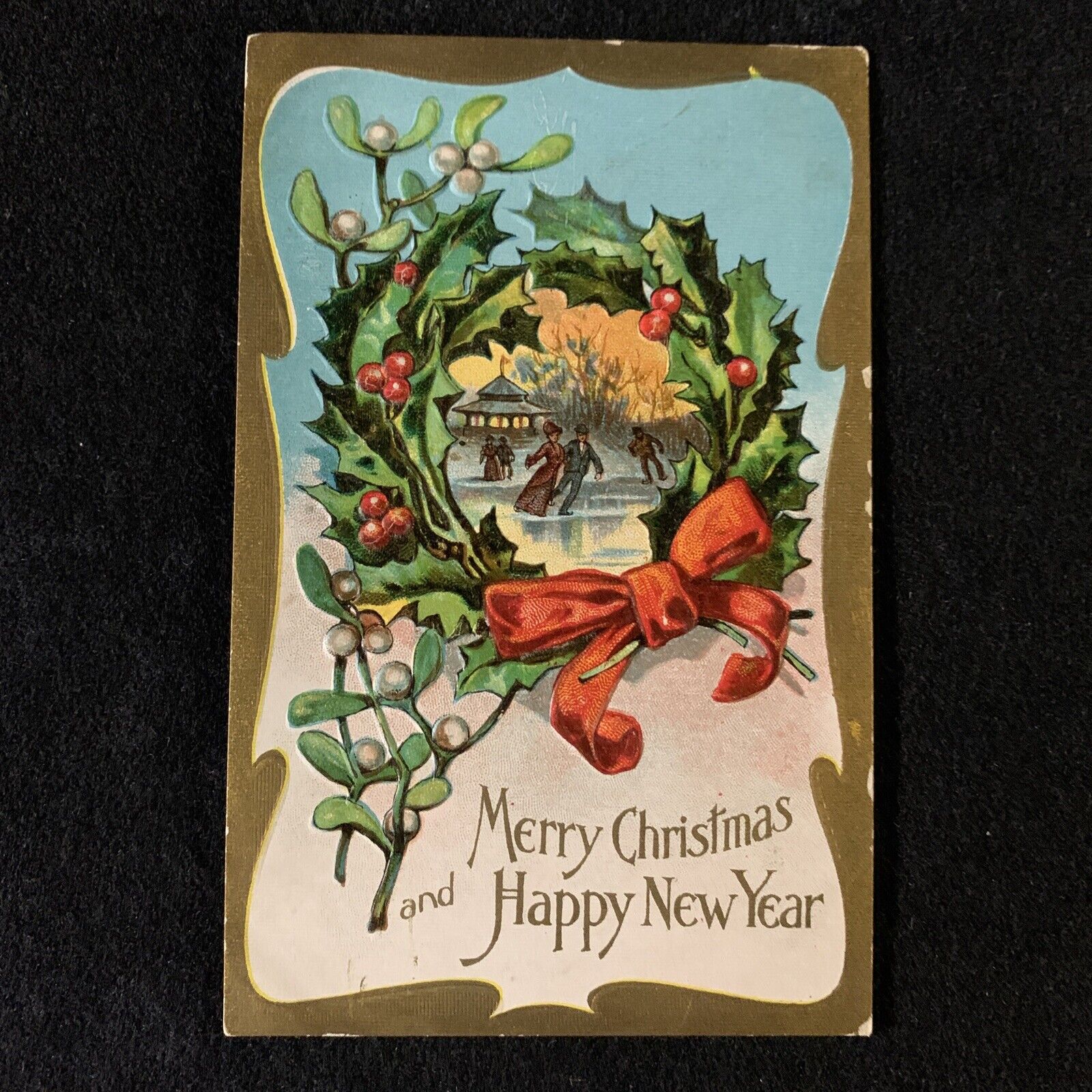 Postcard Bamforth Christmas Snow Scene Series - Embossed Chromolitho Gold Foil