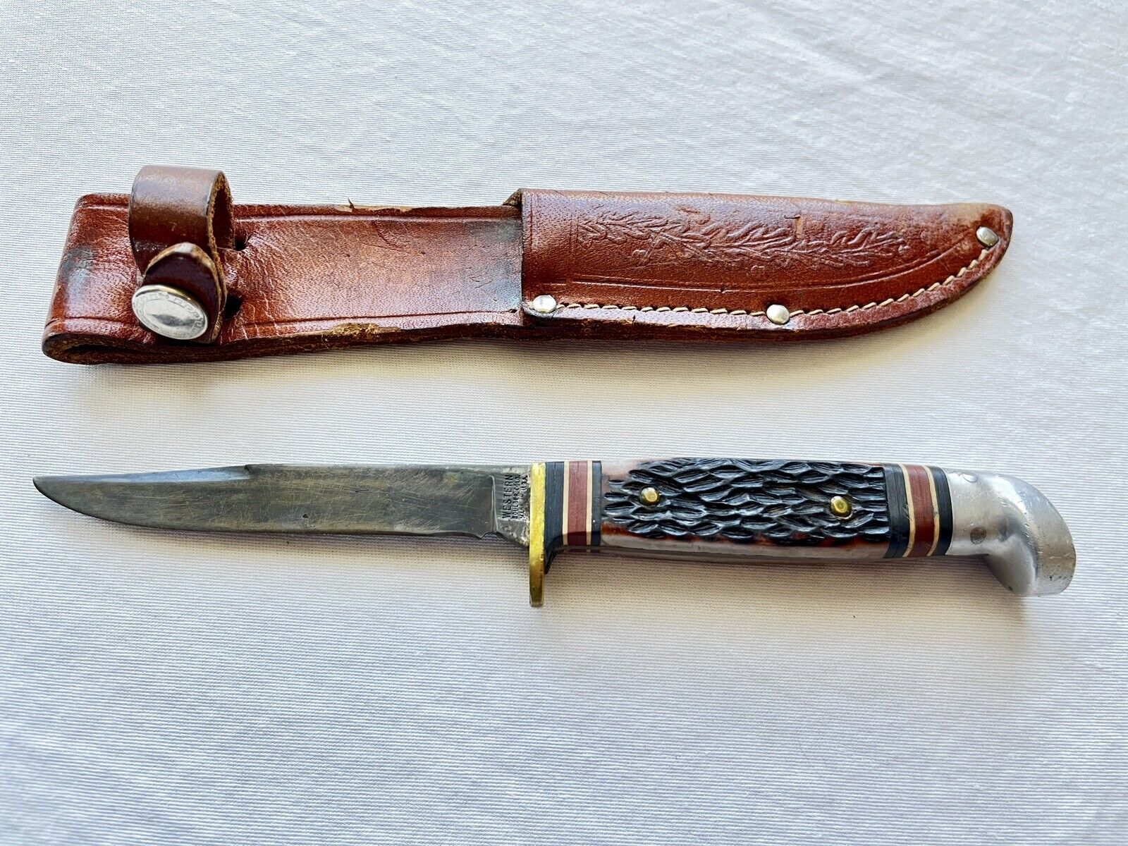 Vintage Western Knife Boulder Colorado Bone Handle Leather Sheath 7.25” / 3.75”