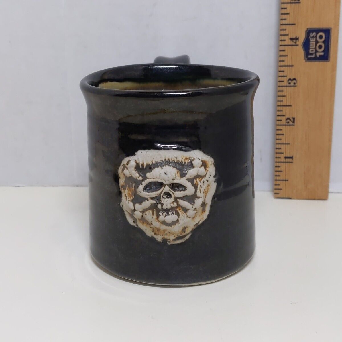 Art Pottery Coffee Mug Pirate Crossbones Skull Halloween Black Signed MK Kitchen