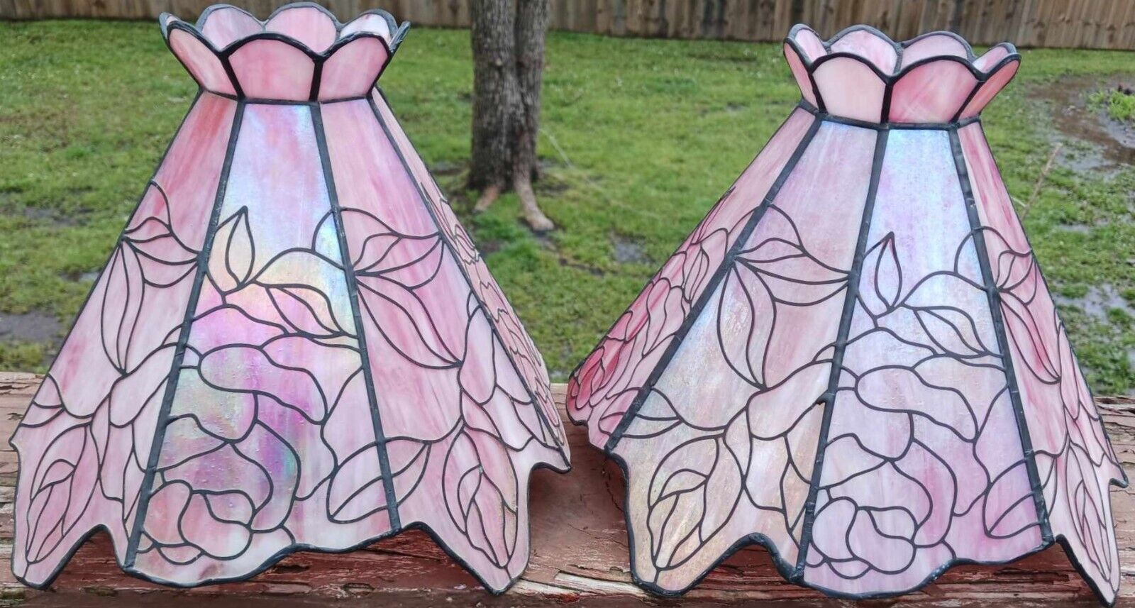 Pair Vintage Genuine Stained Glass Lamp Shades Tiffany Style/Read Description