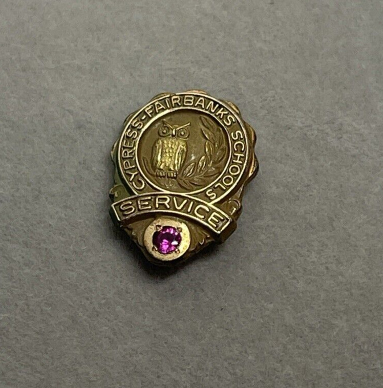 Cypress-Fairbanks Schools Texas Service Pin Ruby Stone SJ GF (gold filled?)