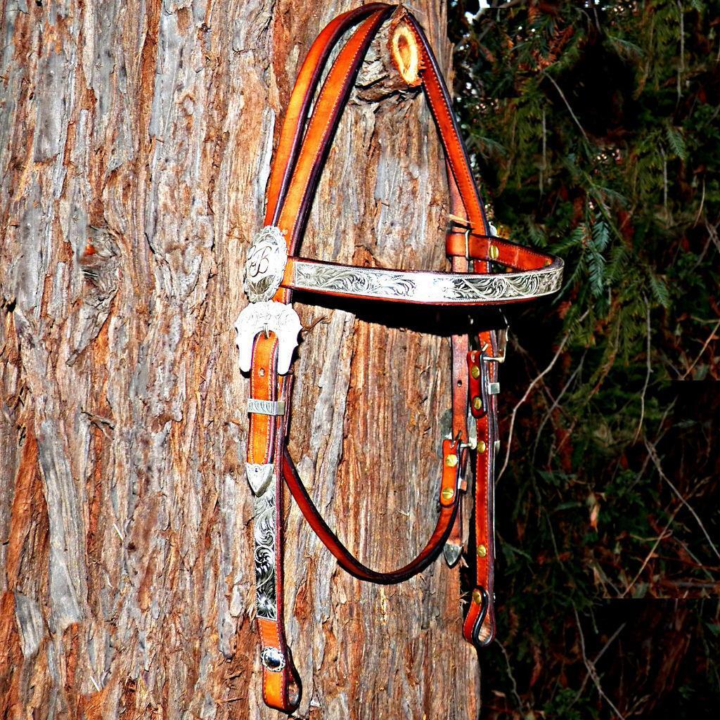 Vintage Custom Sterling Silver Bridle Leather Browband Western Show Headstall