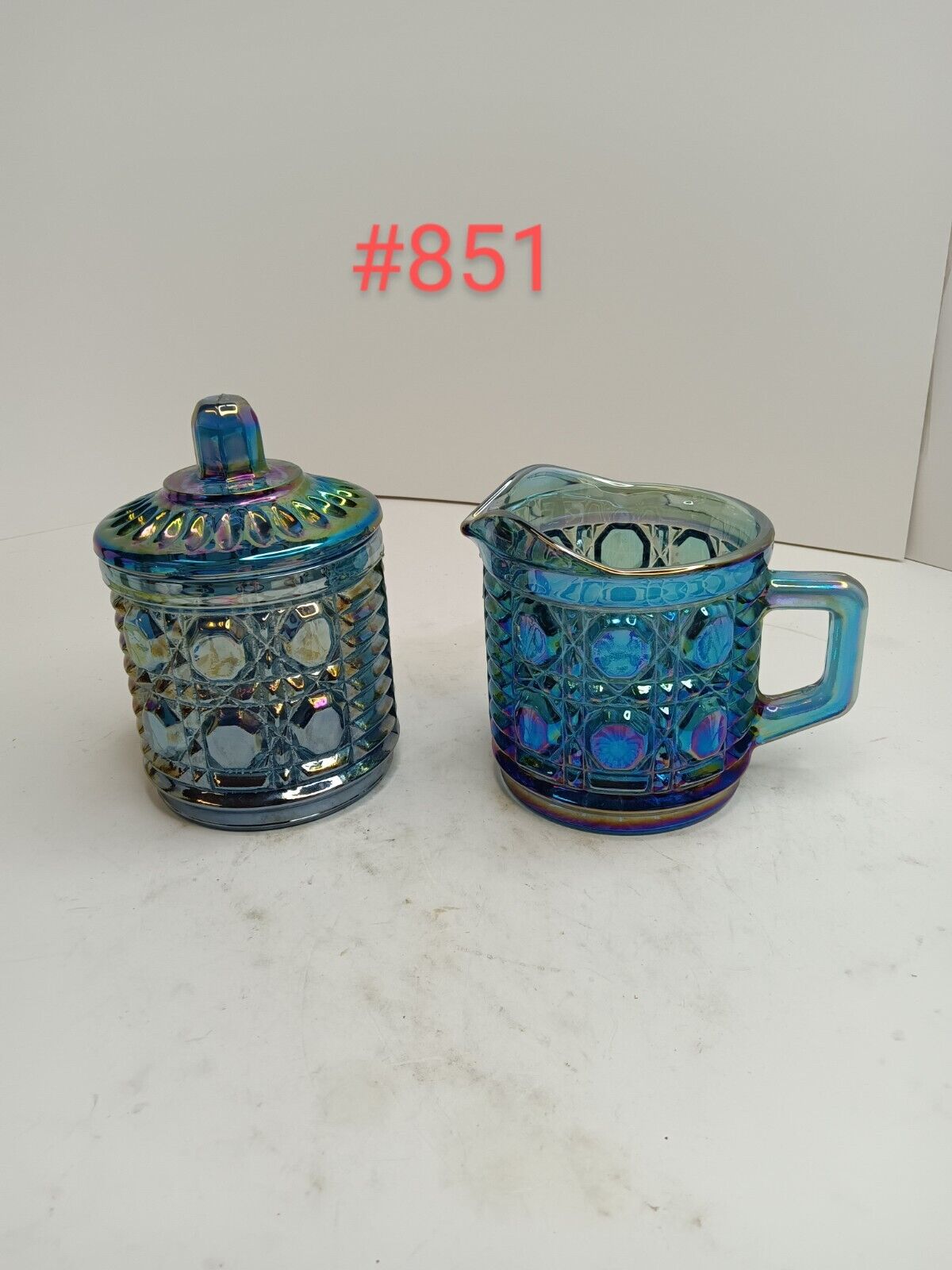 Vintage Indiana Glass Windsor Carnival Iridescent Blue Creamer Sugar Bowl MINT