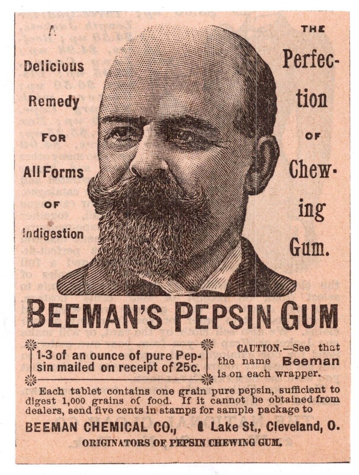 c1880s Beeman\'s Pepsin Gum Quack Medicine Cleveland Ohio OH Antique Art Print Ad