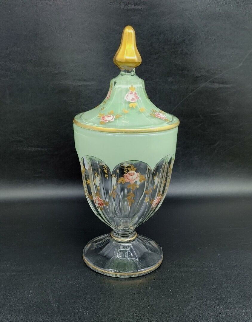 VTG WESTMORELAND APOTHOCARY JAR WITH LID: CLEAR JADE GREEN PINK ROSES GOLD TRIM
